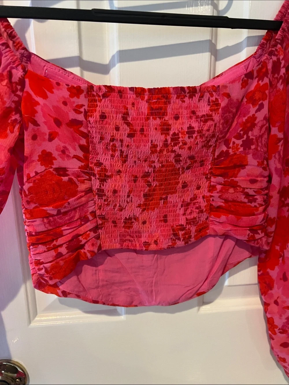 Free People Pink and Red Floral Off-Shoulder Ruched Blouse